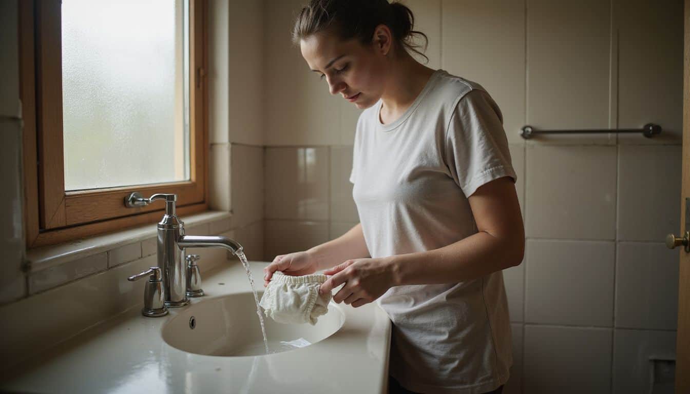 A woman rinses a cloth diaper at a bathroom sink, demonstrating focus and concentration in a modest setting.