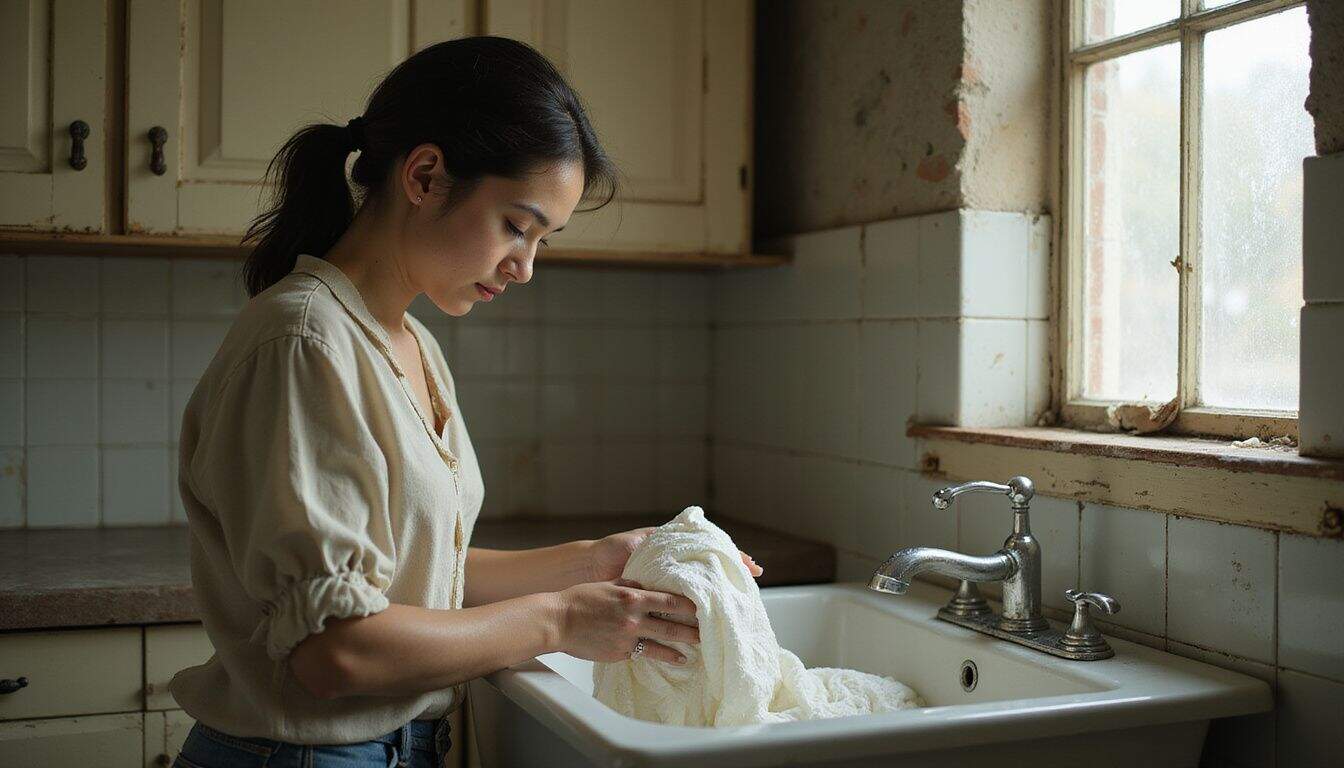 A woman carefully rinses cloth diapers in a vintage laundry room filled with aged wooden cabinetry and a rustic sink.