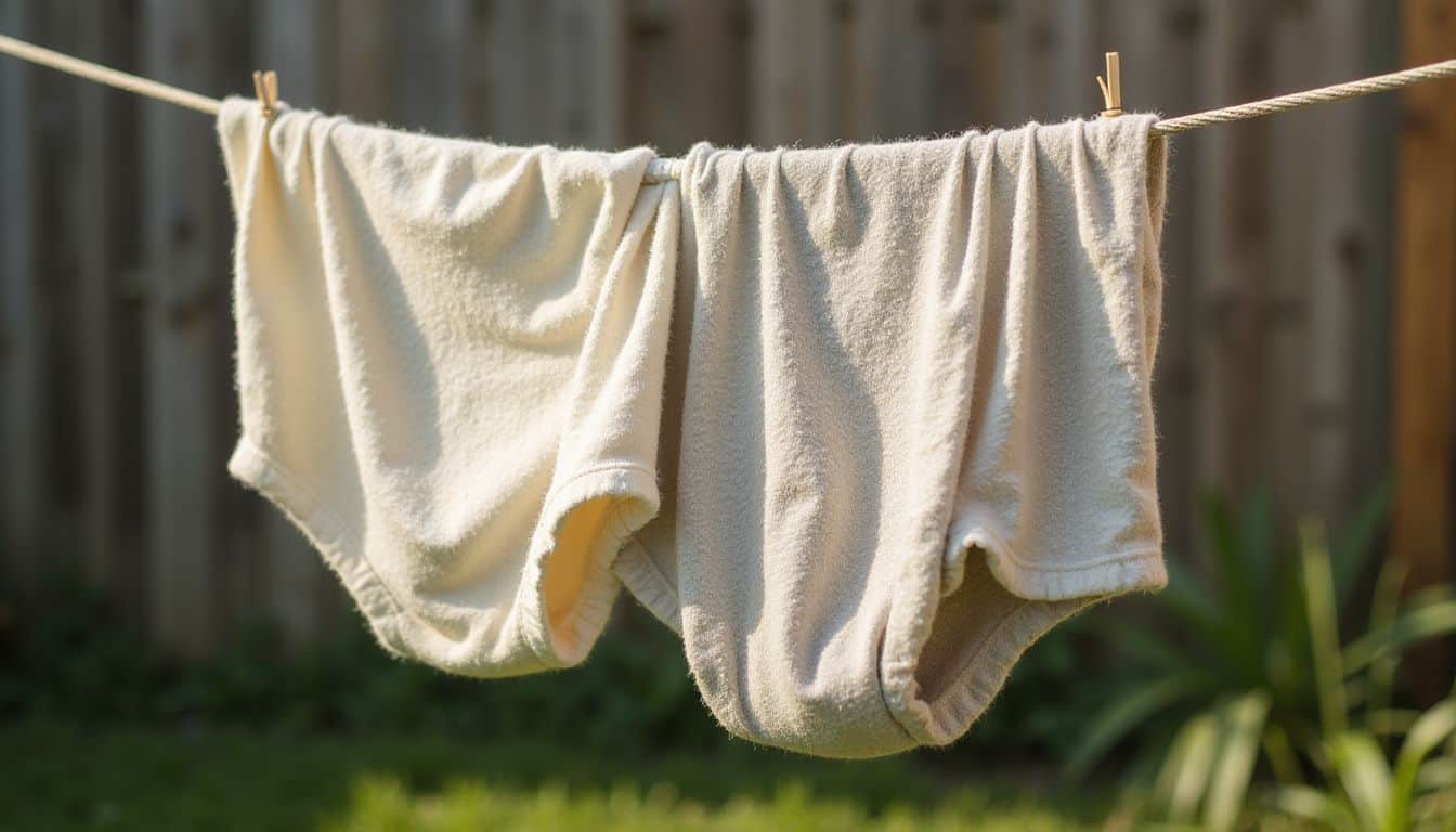 A stack of freshly washed organic cotton, bamboo, and hemp cloth diapers hangs on a clothesline in a serene backyard.