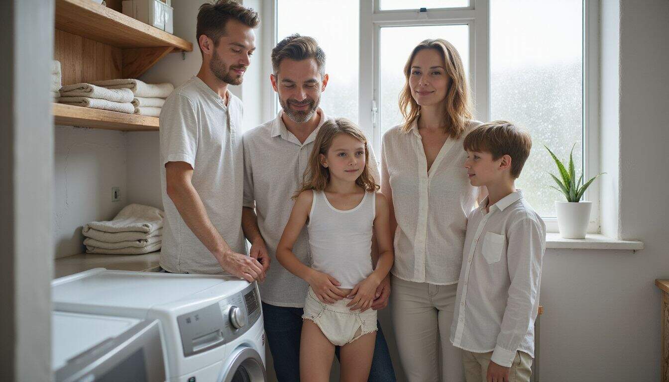 A family of four enjoys their time together in a modern laundry room, surrounded by organized, soft cotton cloth diapers.
