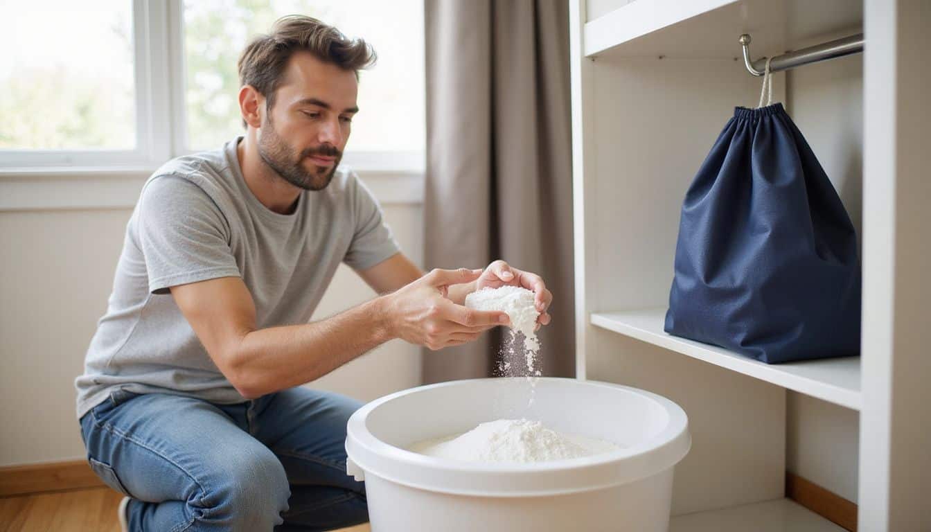 A parent sprinkles baking soda in a diaper pail in a tidy nursery, showcasing attentive care and organization.