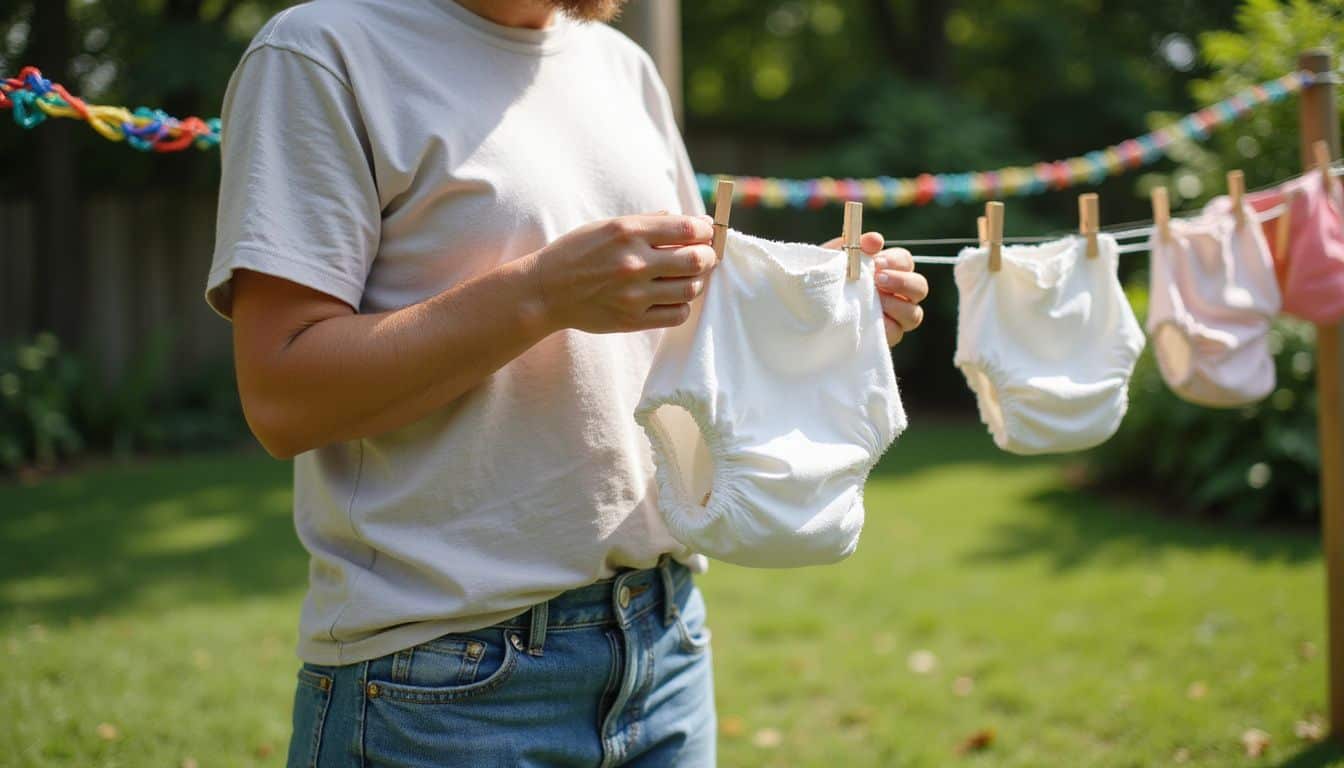 A focused adult carefully hangs cloth diapers on a colorful braided clothesline in a sunny backyard.