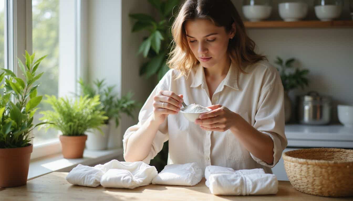 A focused woman measures detergent in a warm laundry room, surrounded by neatly stacked cloth diapers and potted plants.