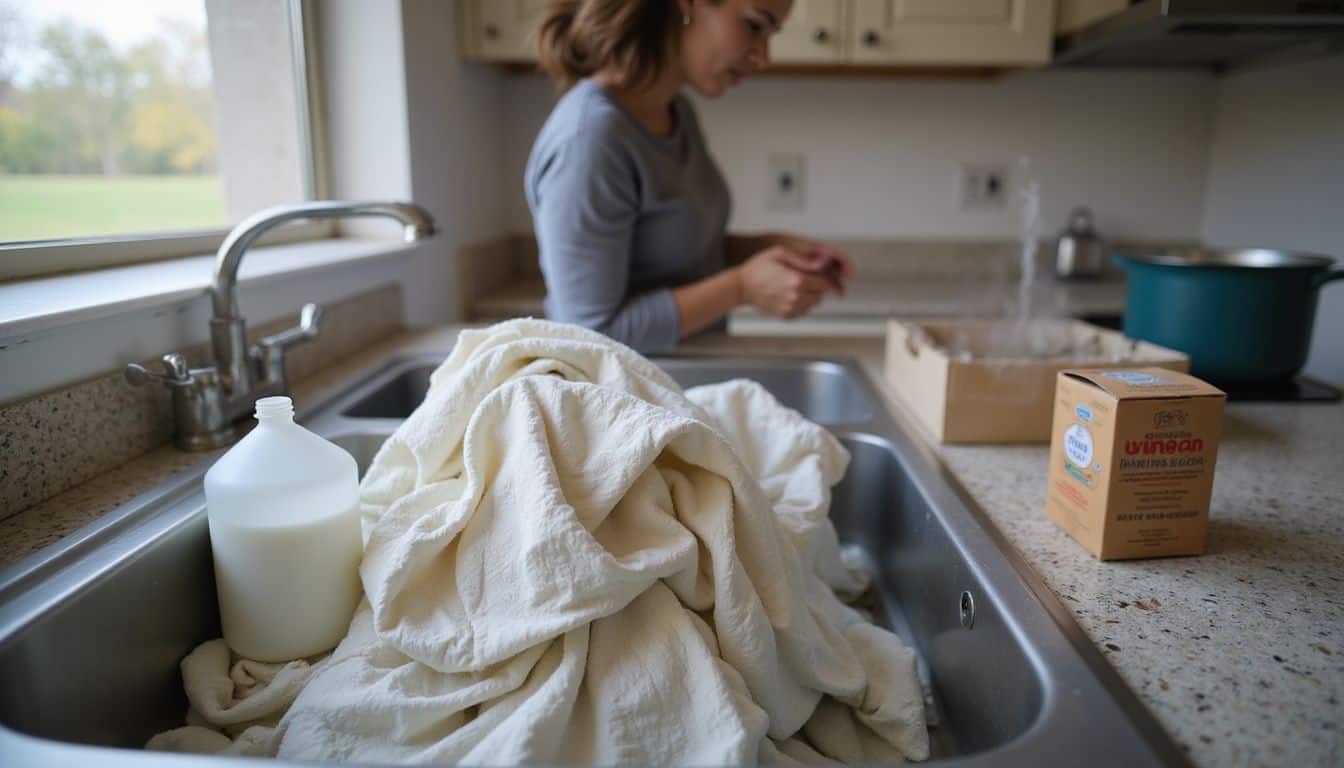 A laundry sink filled with soiled cloth diapers, surrounded by vinegar, baking soda, and boiling water in a cozy laundry room.