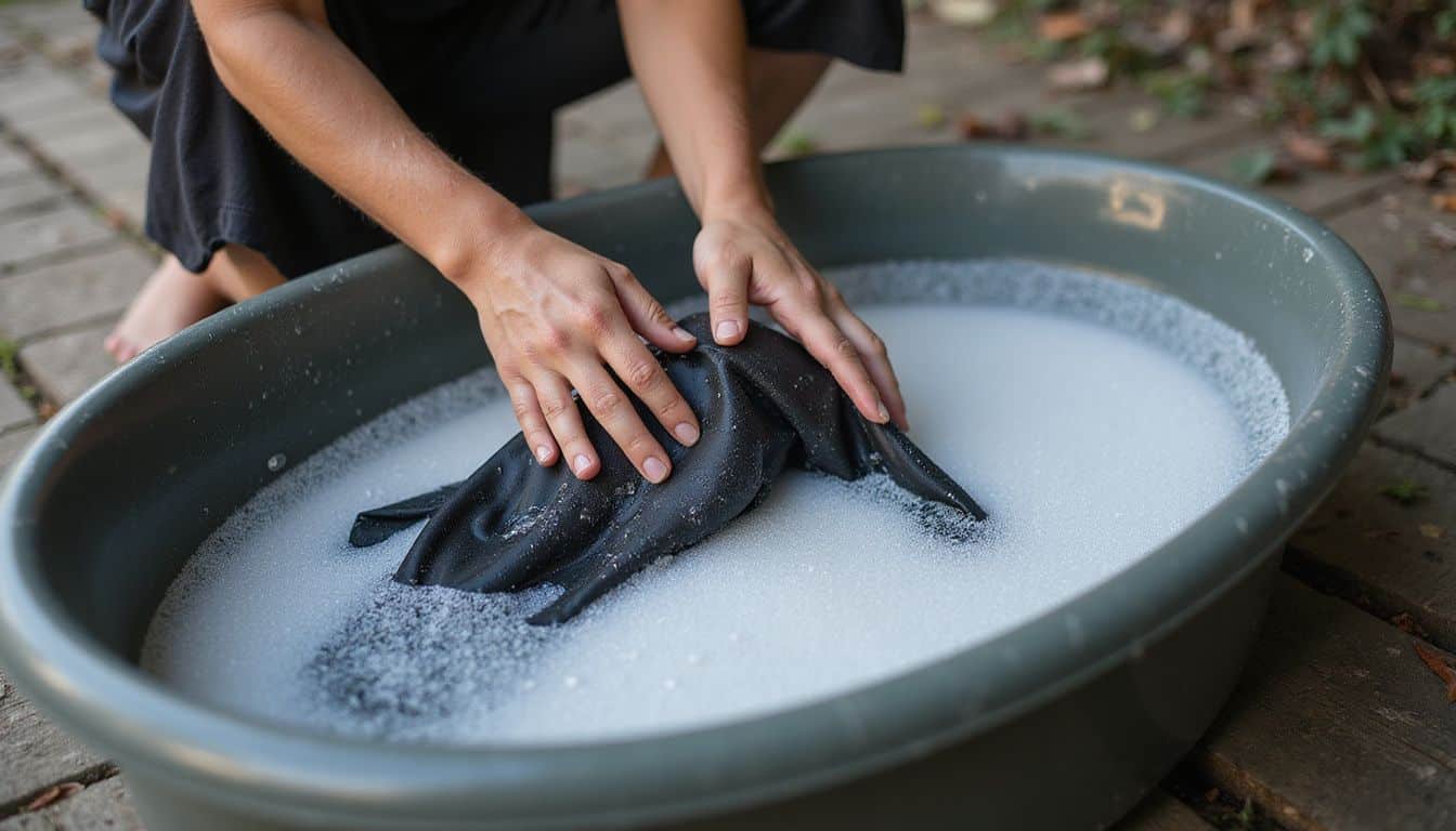 A person kneels by a tub of bubbles, carefully cleaning a submerged wetsuit with focused attention. A person kneels by a tub of bubbles, carefully cleaning a submerged wetsuit with focused attention.