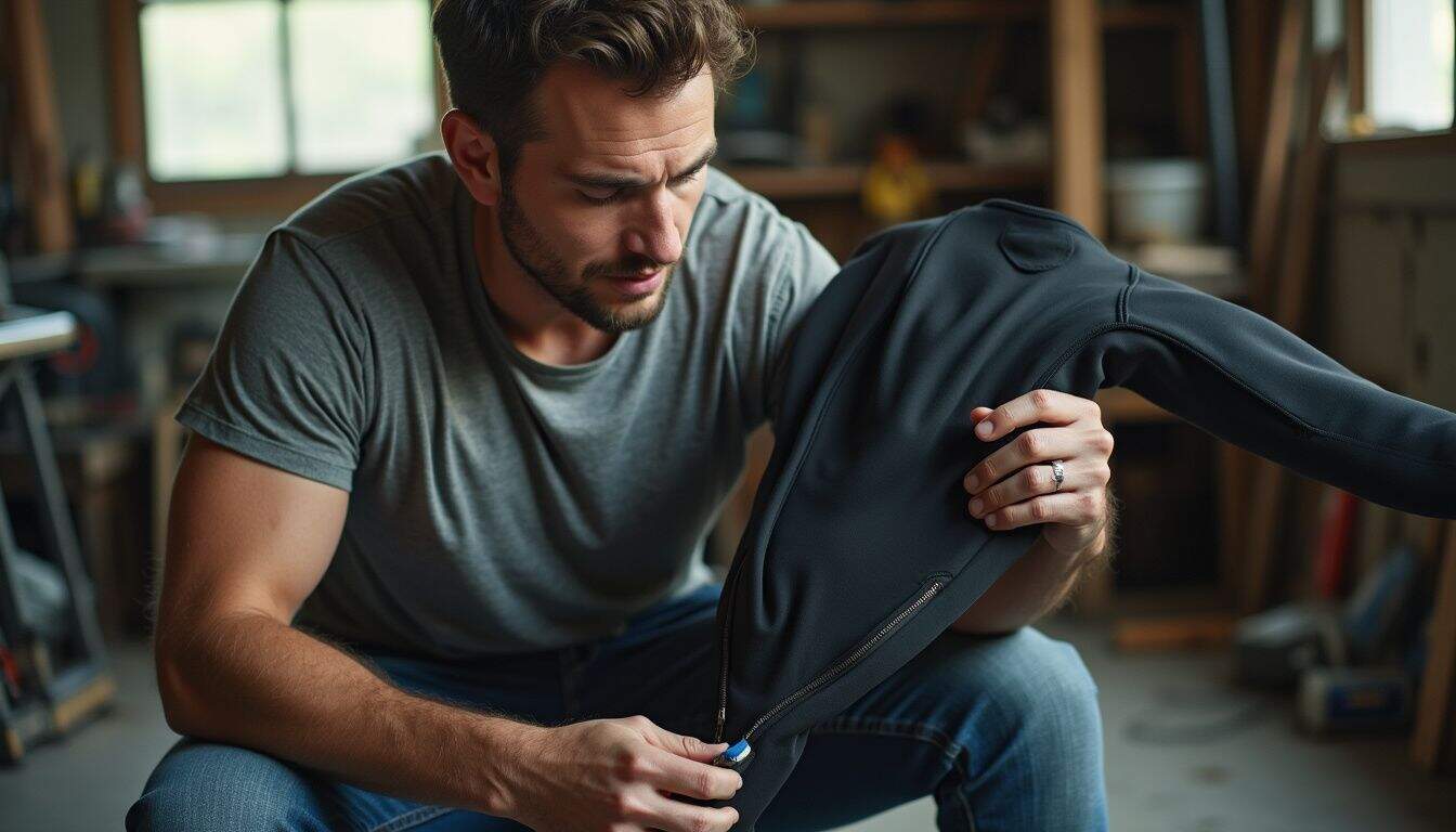 A focused man cleans a wetsuit's zipper in a cluttered garage filled with tools and aged wooden shelves. A focused man cleans a wetsuit's zipper in a cluttered garage filled with tools and aged wooden shelves.