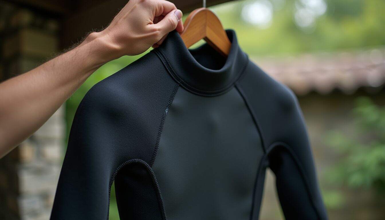 A dark neoprene wetsuit hangs upside down on a wooden hanger in a serene outdoor setting. A dark neoprene wetsuit hangs upside down on a wooden hanger in a serene outdoor setting.