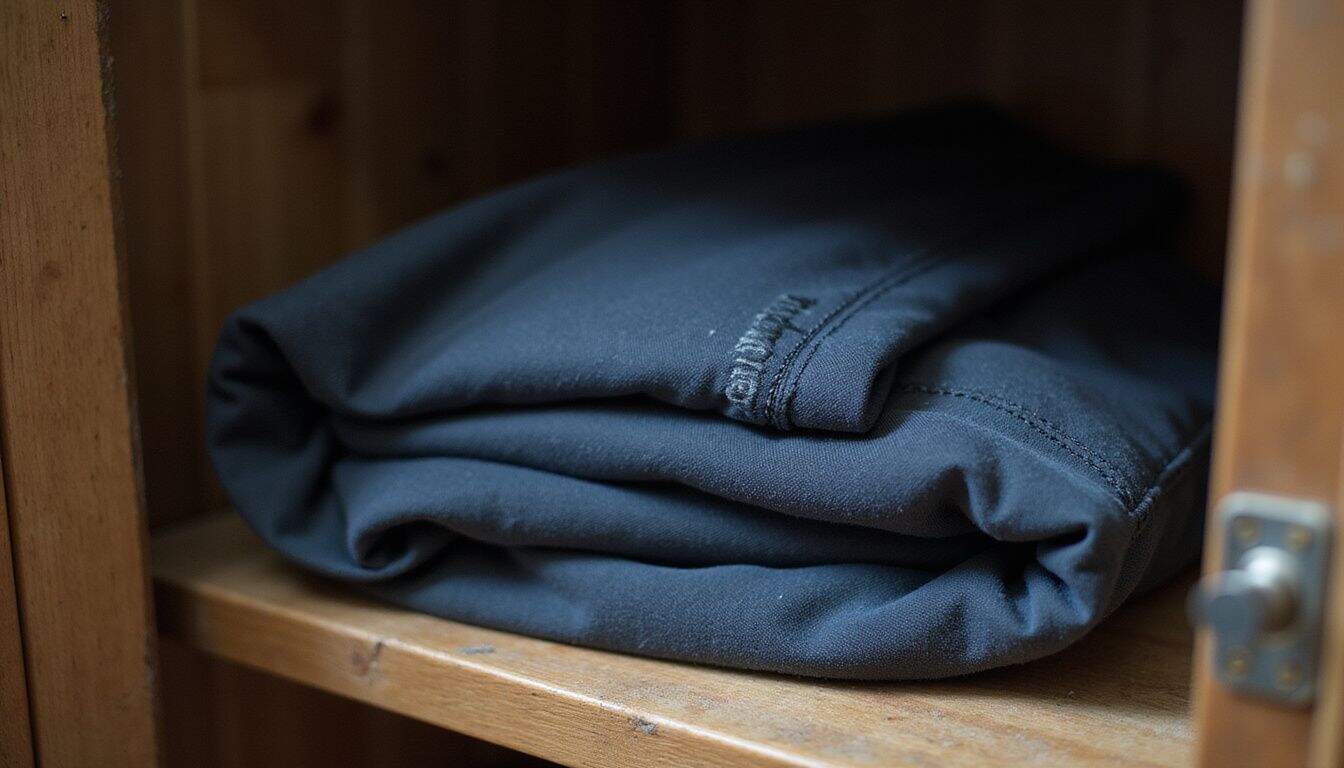 A neatly folded wetsuit rests on a smooth wooden closet shelf, showcasing its unique texture and careful organization. A neatly folded wetsuit rests on a smooth wooden closet shelf, showcasing its unique texture and careful organization.