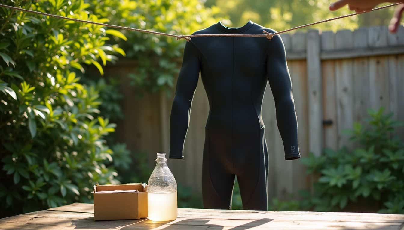 A black neoprene wetsuit hangs on a clothesline in a backyard, surrounded by greenery and household items. A black neoprene wetsuit hangs on a clothesline in a backyard, surrounded by greenery and household items.