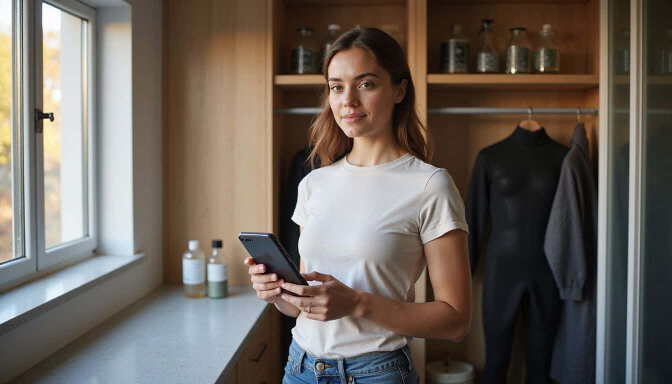 A woman checks her wetsuit maintenance app in a modern, eco-friendly laundry room filled with neatly organized cleaning products. A woman checks her wetsuit maintenance app in a modern, eco-friendly laundry room filled with neatly organized cleaning products.