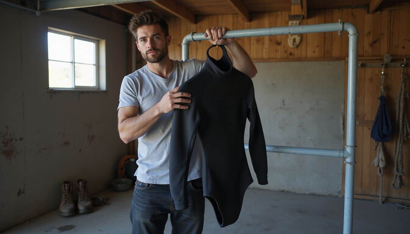 A focused man carefully hangs a neoprene wetsuit on a drying rack in a cluttered garage. A focused man carefully hangs a neoprene wetsuit on a drying rack in a cluttered garage.