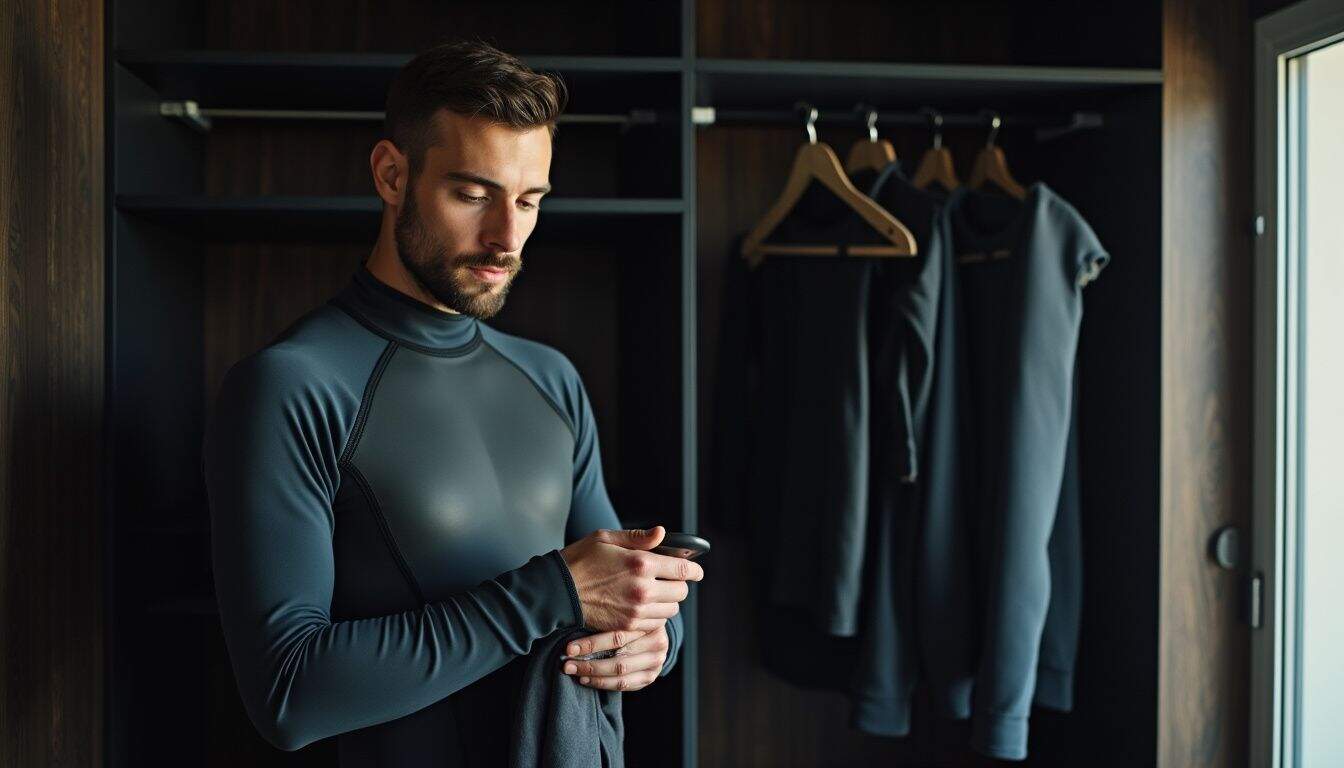 A focused man carefully folds a wetsuit inside a spacious, organized dark closet. A focused man carefully folds a wetsuit inside a spacious, organized dark closet.