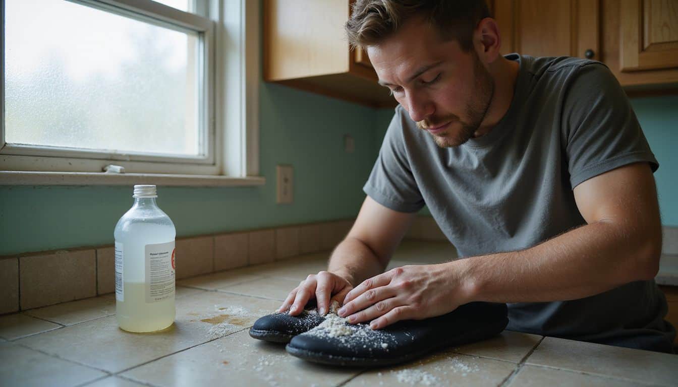 A person applies a baking soda paste to their wetsuit booties at a laundry room countertop. A person applies a baking soda paste to their wetsuit booties at a laundry room countertop.