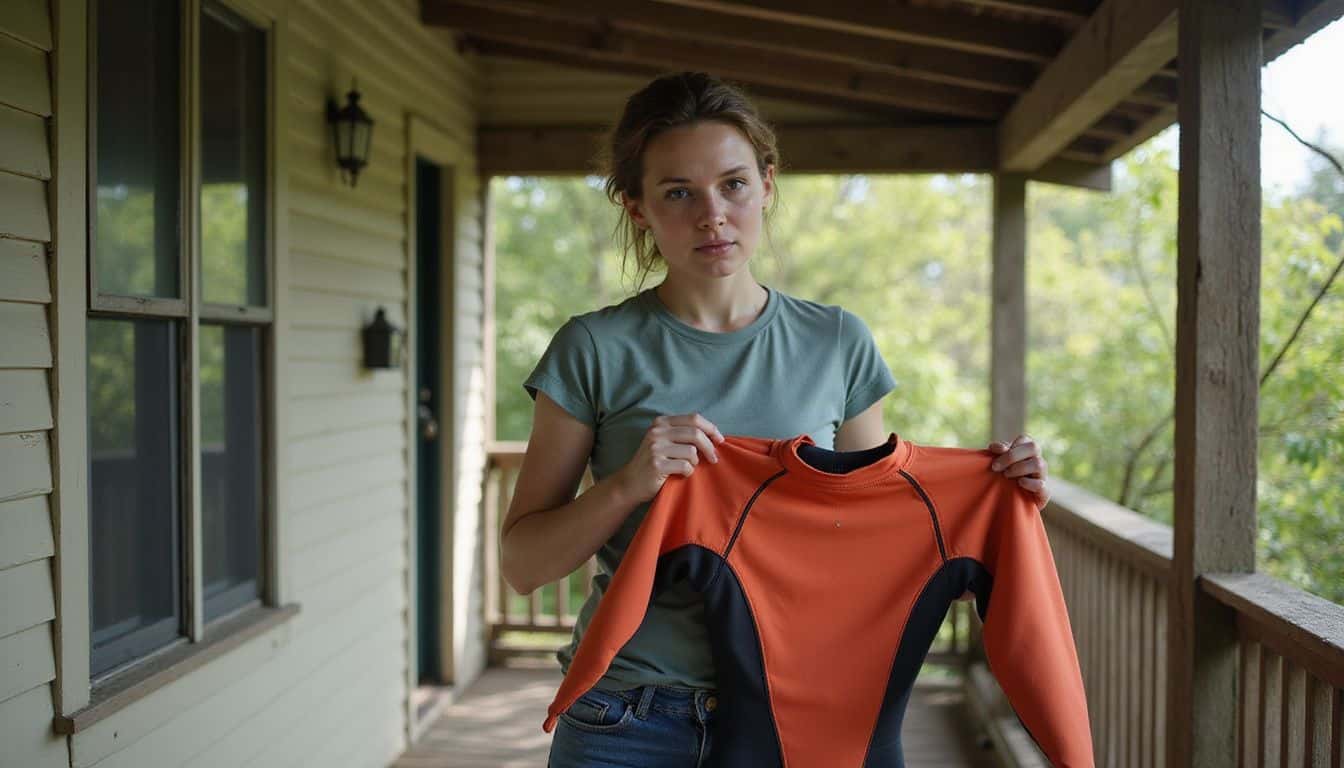 A woman in casual attire holds a colorful wetsuit on a rustic porch surrounded by gentle foliage. A woman in casual attire holds a colorful wetsuit on a rustic porch surrounded by gentle foliage.