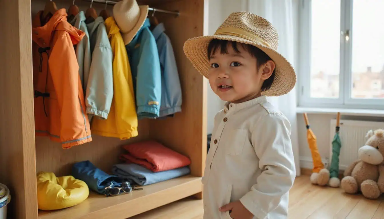 A children's wardrobe displays neatly arranged clothing, accessories, and plush toys in a cozy, pastel-colored room.