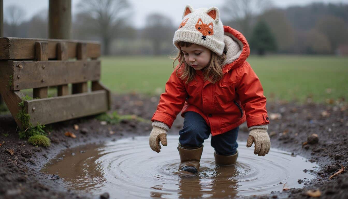 A seven-year-old child in a bright red jacket splashes in a muddy playground puddle.