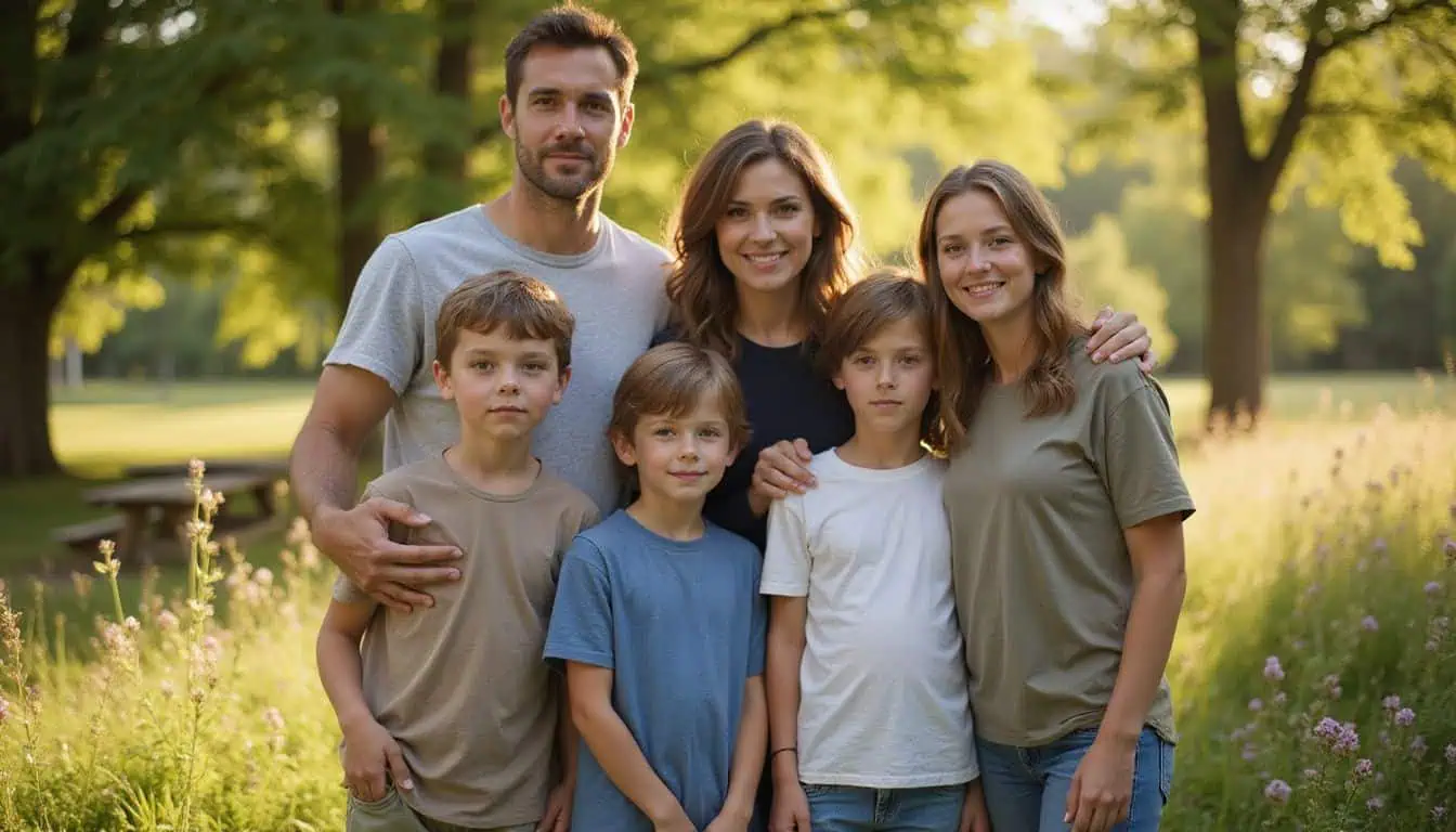 A family of six enjoys a casual moment outdoors, surrounded by greenery and wildflowers, exuding warmth and connection.