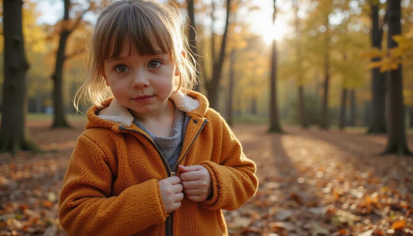 A child zips up a cozy, vibrant jacket while standing on a forest floor covered in autumn leaves.