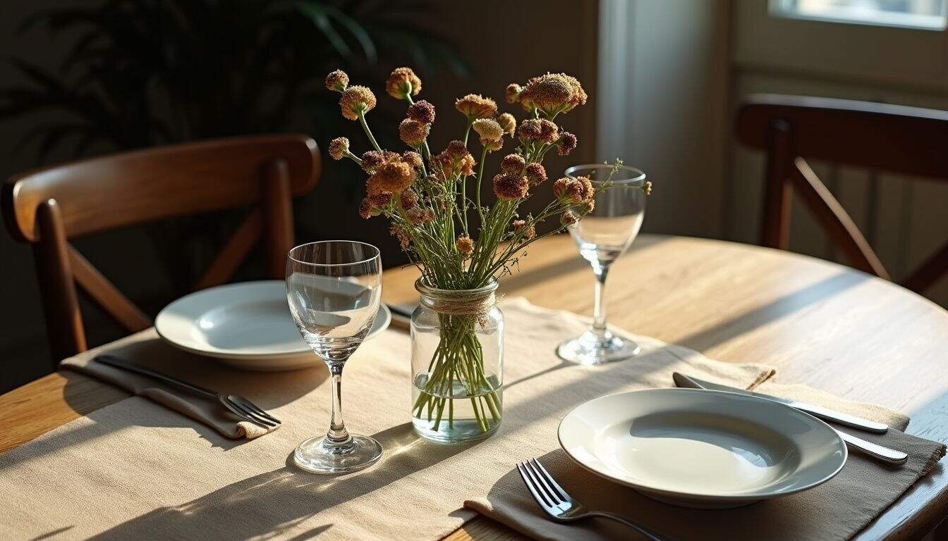 An empty dining table for two, adorned with wilted flowers, conveys a poignant sense of neglect and unspoken emotion. An empty dining table for two, adorned with wilted flowers, conveys a poignant sense of neglect and unspoken emotion.