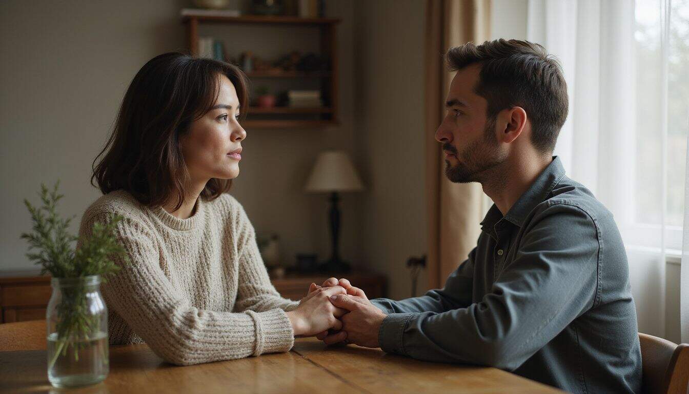 A couple engages in a serious conversation at a modest dining table, contemplating their future together. A couple engages in a serious conversation at a modest dining table, contemplating their future together.