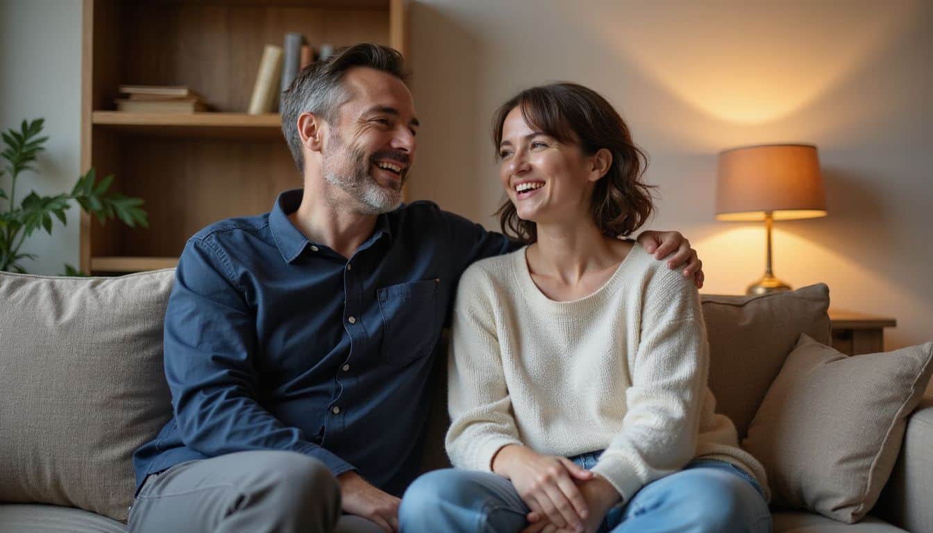 A man and woman share a joyful moment together on a cozy couch, exuding warmth and laughter. A man and woman share a joyful moment together on a cozy couch, exuding warmth and laughter.