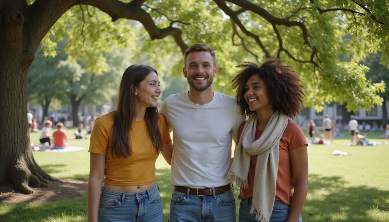 A group of young adults joyfully gathers under an oak tree in a lively city park. A group of young adults joyfully gathers under an oak tree in a lively city park.