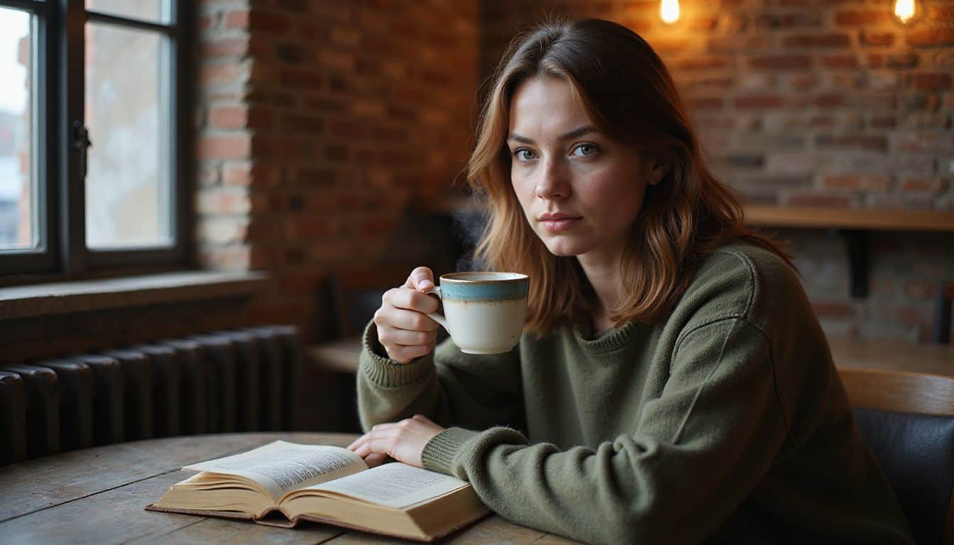 A young woman enjoys chamomile tea while reading *Emotional Intelligence* in a cozy café nook. A young woman enjoys chamomile tea while reading *Emotional Intelligence* in a cozy café nook.