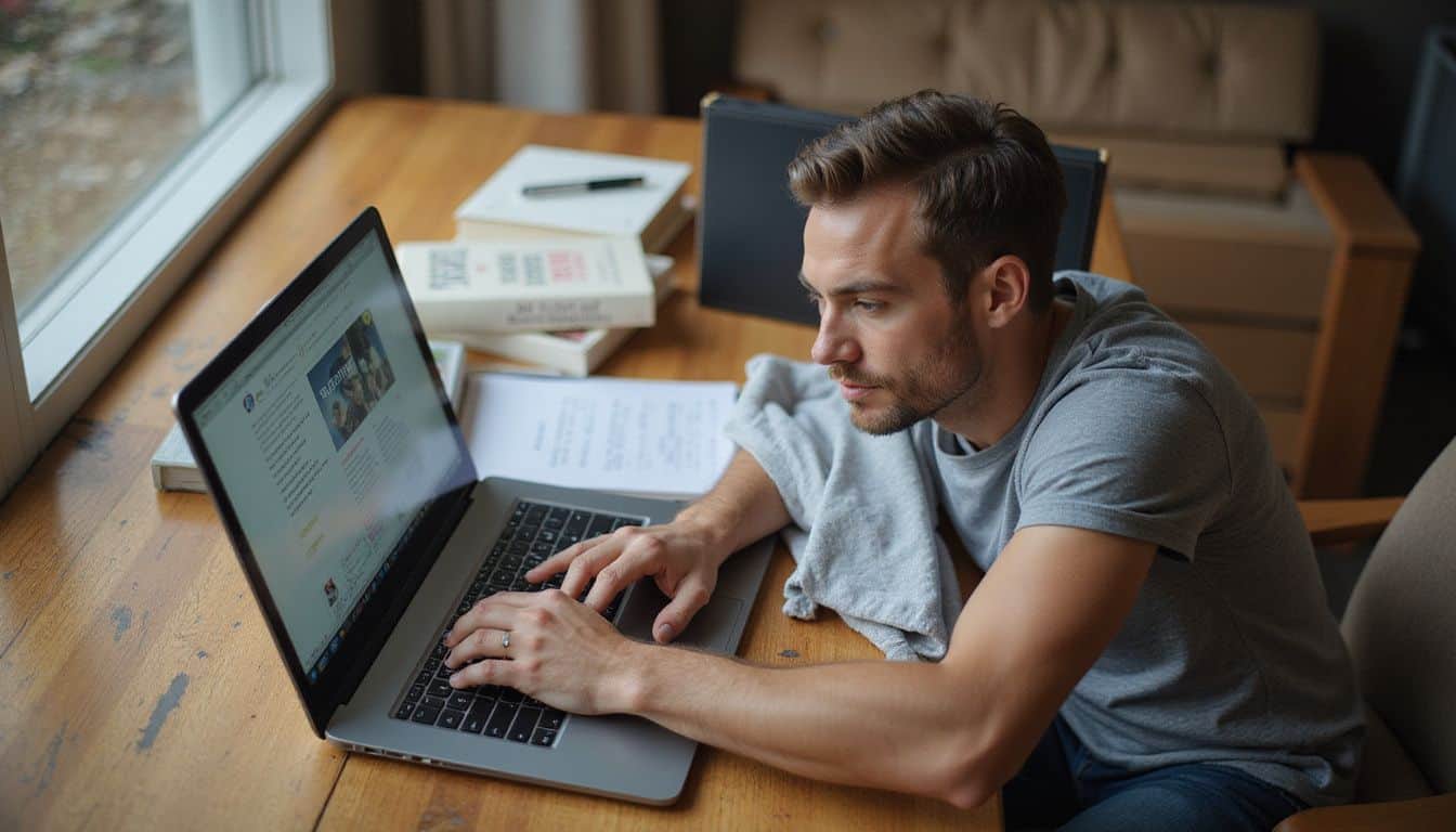 A focused man types on a laptop, surrounded by relationship books and handwritten notes about finding a lifelong partner. A focused man types on a laptop, surrounded by relationship books and handwritten notes about finding a lifelong partner.