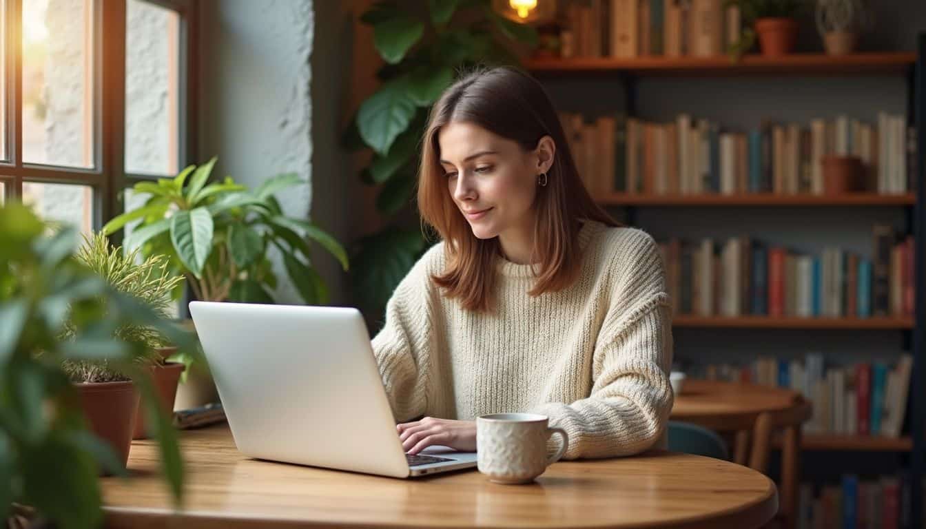 A woman in a cozy coffee shop focuses intently on her laptop, surrounded by books and plants. A woman in a cozy coffee shop focuses intently on her laptop, surrounded by books and plants.
