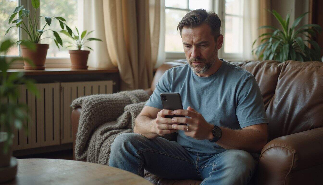 A man in his 40s relaxes on a sofa, scrolling through a dating app on his smartphone. A man in his 40s relaxes on a sofa, scrolling through a dating app on his smartphone.