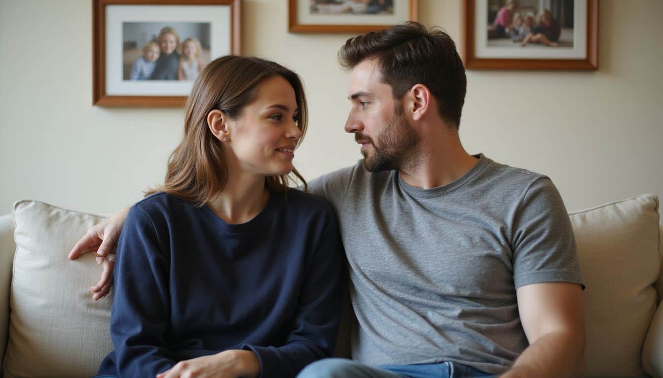 A couple engages in an intimate conversation on a couch, surrounded by family photos and children’s toys. A couple engages in an intimate conversation on a couch, surrounded by family photos and children’s toys.