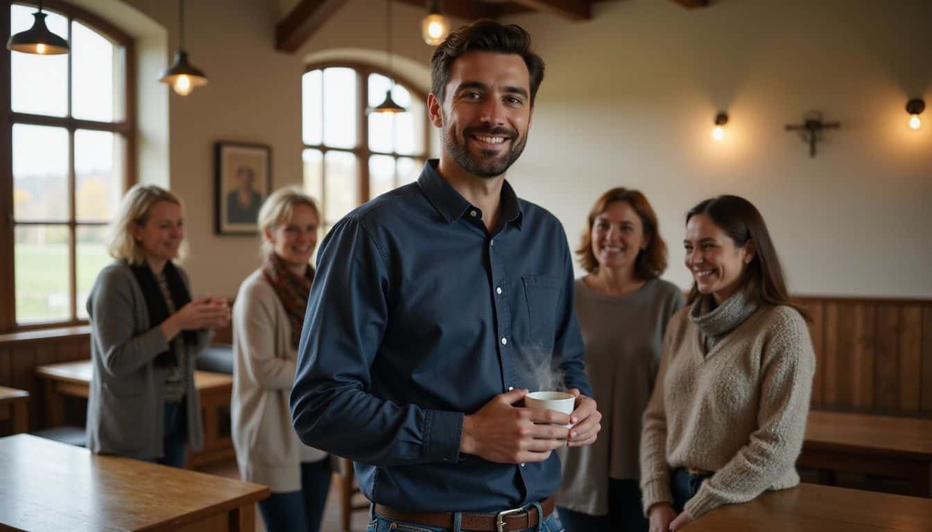 A man in a navy shirt smiles warmly among friends during a lively church group gathering. A man in a navy shirt smiles warmly among friends during a lively church group gathering.
