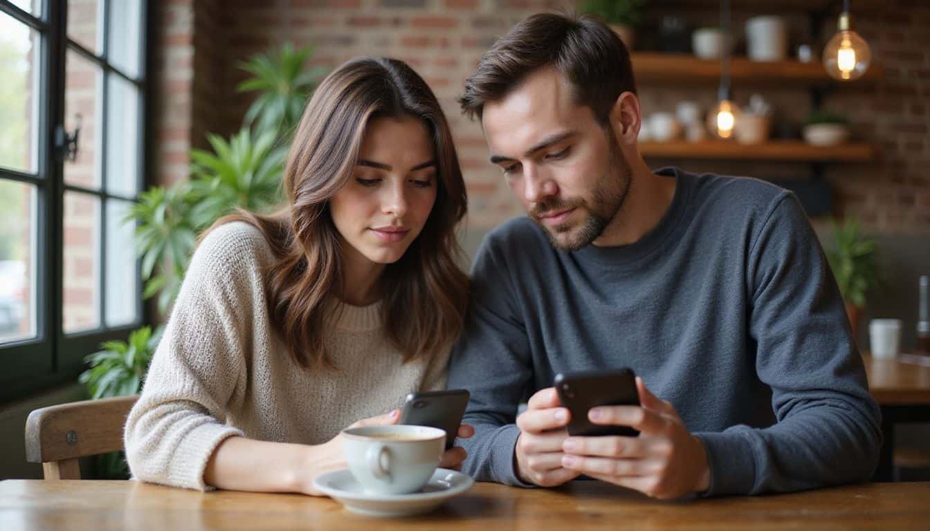 A young couple sits together at a coffee shop, engaged with their smartphones during a casual conversation about dating. A young couple sits together at a coffee shop, engaged with their smartphones during a casual conversation about dating.