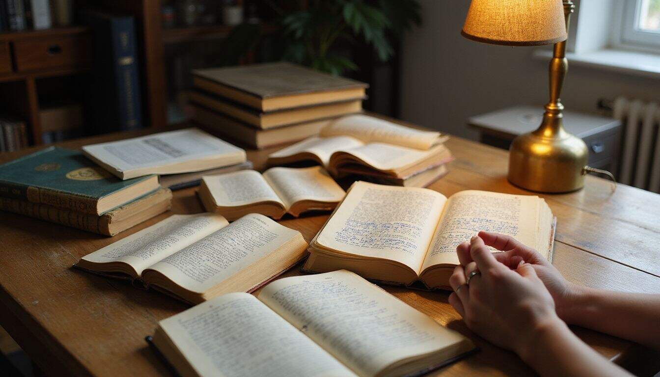 A cluttered wooden desk showcases personal growth books, journals, and workbooks, reflecting a moment of focused introspection. A cluttered wooden desk showcases personal growth books, journals, and workbooks, reflecting a moment of focused introspection.