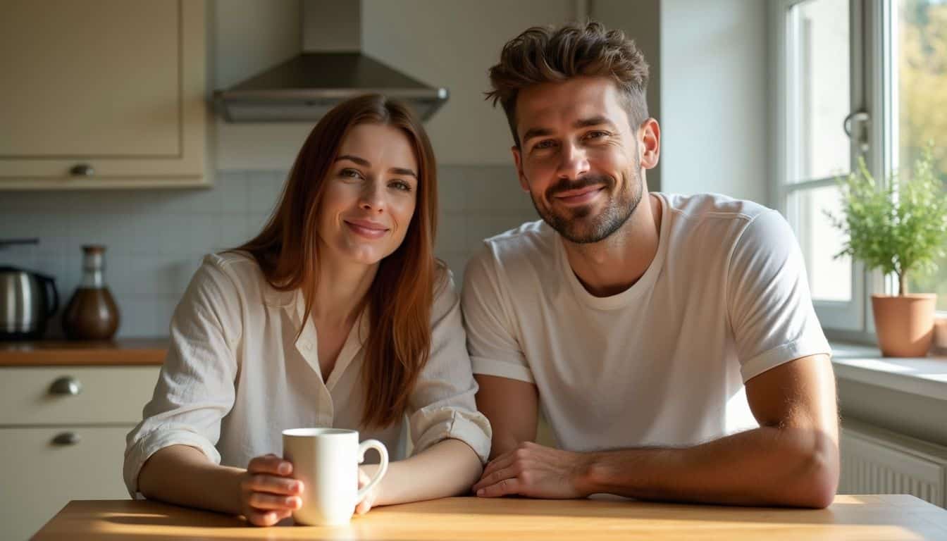 A couple sits closely at a kitchen table, engaged in a thoughtful conversation about their finances. A couple sits closely at a kitchen table, engaged in a thoughtful conversation about their finances.