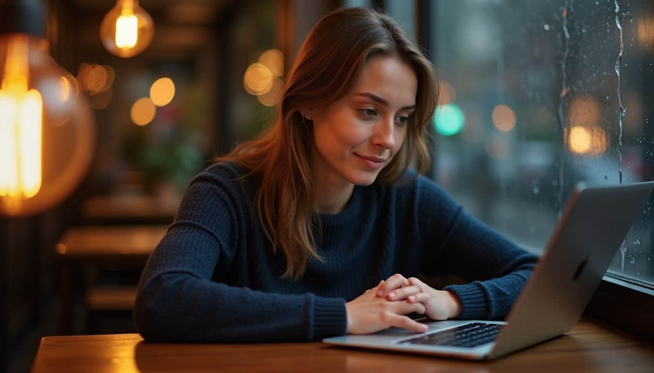 A woman sits at a café table, focused on a laptop displaying a dating website for serious relationships. A woman sits at a café table, focused on a laptop displaying a dating website for serious relationships.