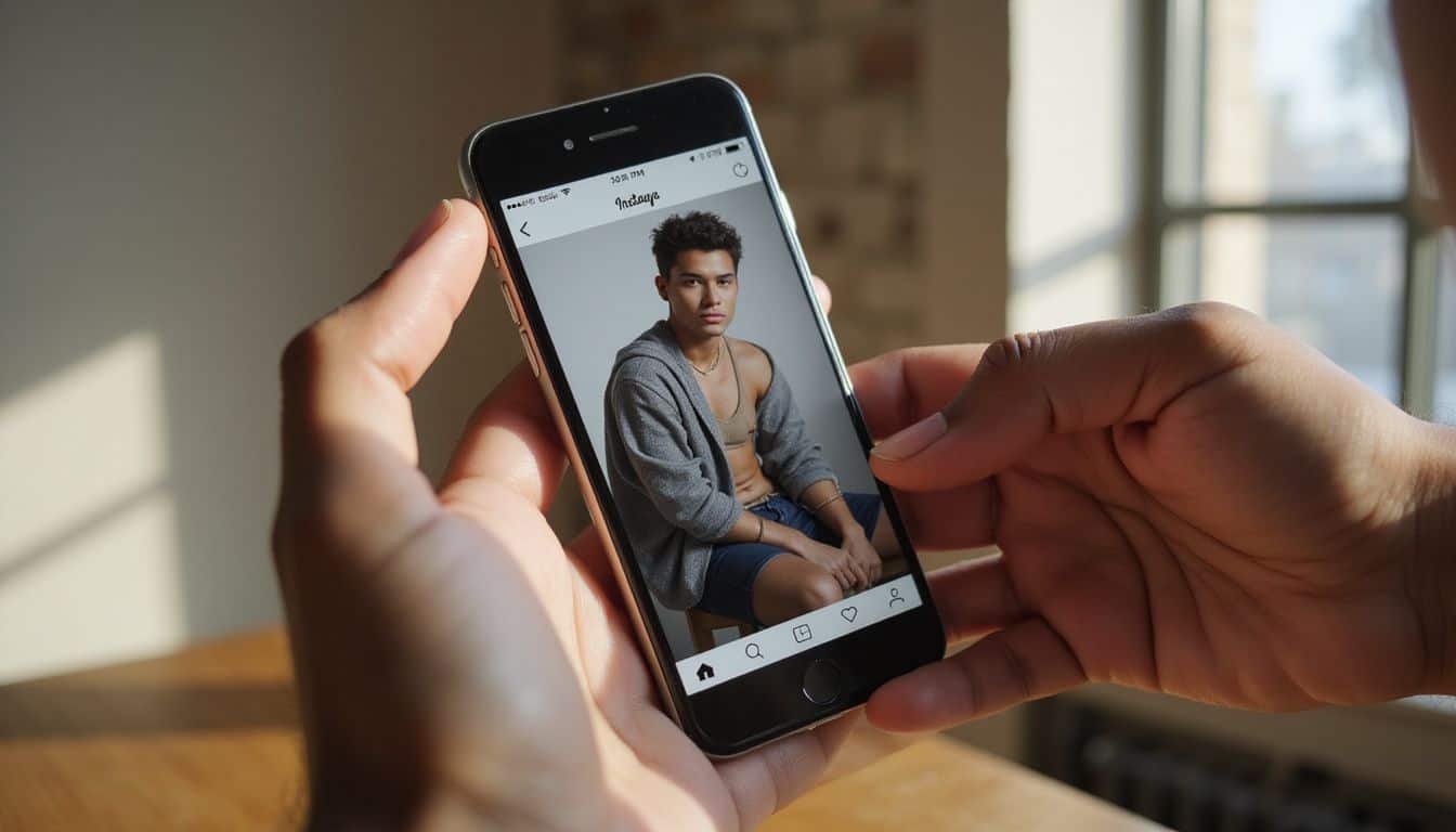 A smartphone displays an Instagram feed of models in neutral outfits, showcasing their natural beauty and relaxed postures. A smartphone displays an Instagram feed of models in neutral outfits, showcasing their natural beauty and relaxed postures.