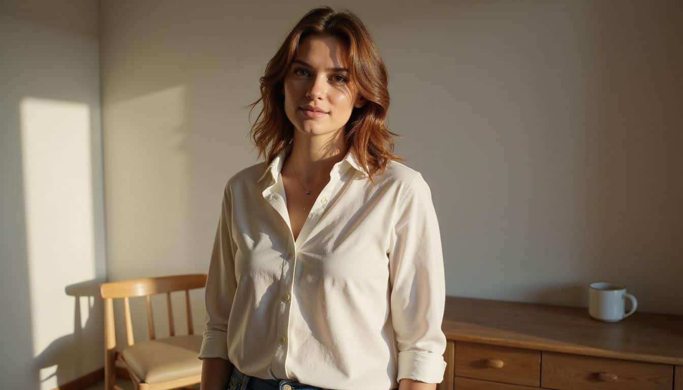 A contemplative woman in a cotton blouse stands in a minimalist room, surrounded by simple furniture and personal touches. A contemplative woman in a cotton blouse stands in a minimalist room, surrounded by simple furniture and personal touches.