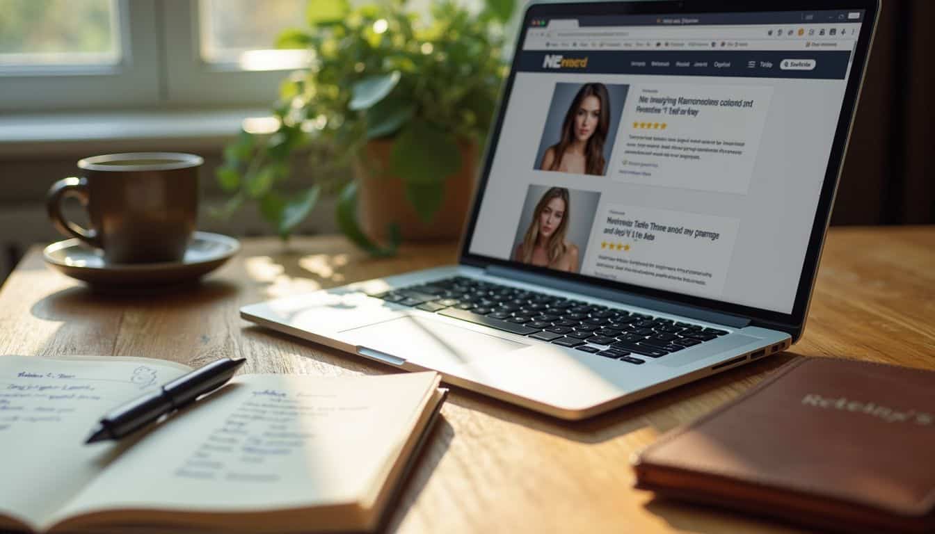 A sleek silver laptop displays positive reviews next to a notepad, portfolio, and contact list on an oak desk. A sleek silver laptop displays positive reviews next to a notepad, portfolio, and contact list on an oak desk.