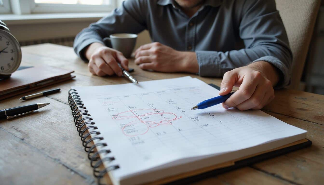 A cluttered workspace with essential office supplies reflects a focused individual preparing for an impending deadline. A cluttered workspace with essential office supplies reflects a focused individual preparing for an impending deadline.
