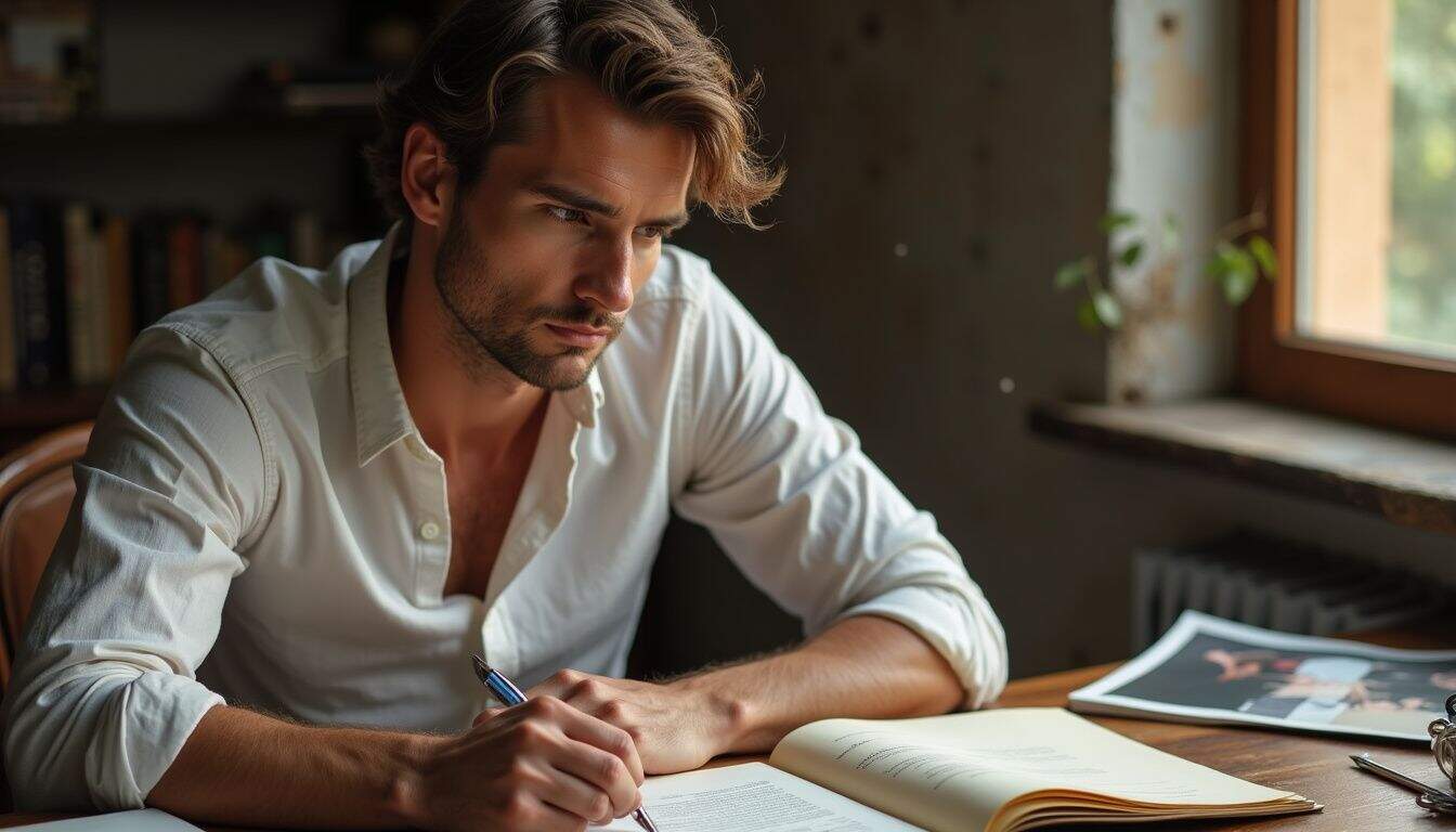 A thoughtful man in a fitted shirt reviews photographs at a vintage wooden desk scattered with magazines and notes. A thoughtful man in a fitted shirt reviews photographs at a vintage wooden desk scattered with magazines and notes.