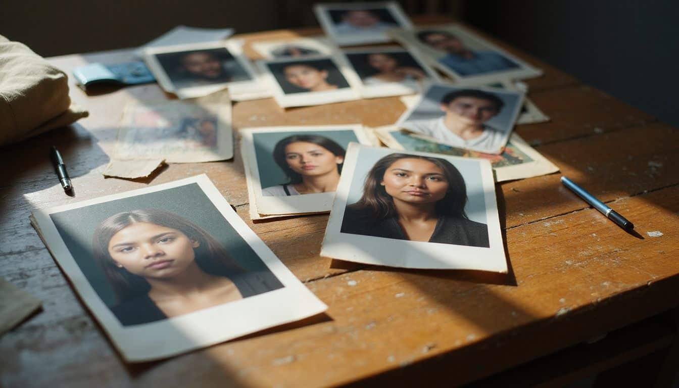 A cluttered desk showcases various lifelike headshots amidst scattered pens and a folded fabric sleeve, suggesting an active workspace. A cluttered desk showcases various lifelike headshots amidst scattered pens and a folded fabric sleeve, suggesting an active workspace.