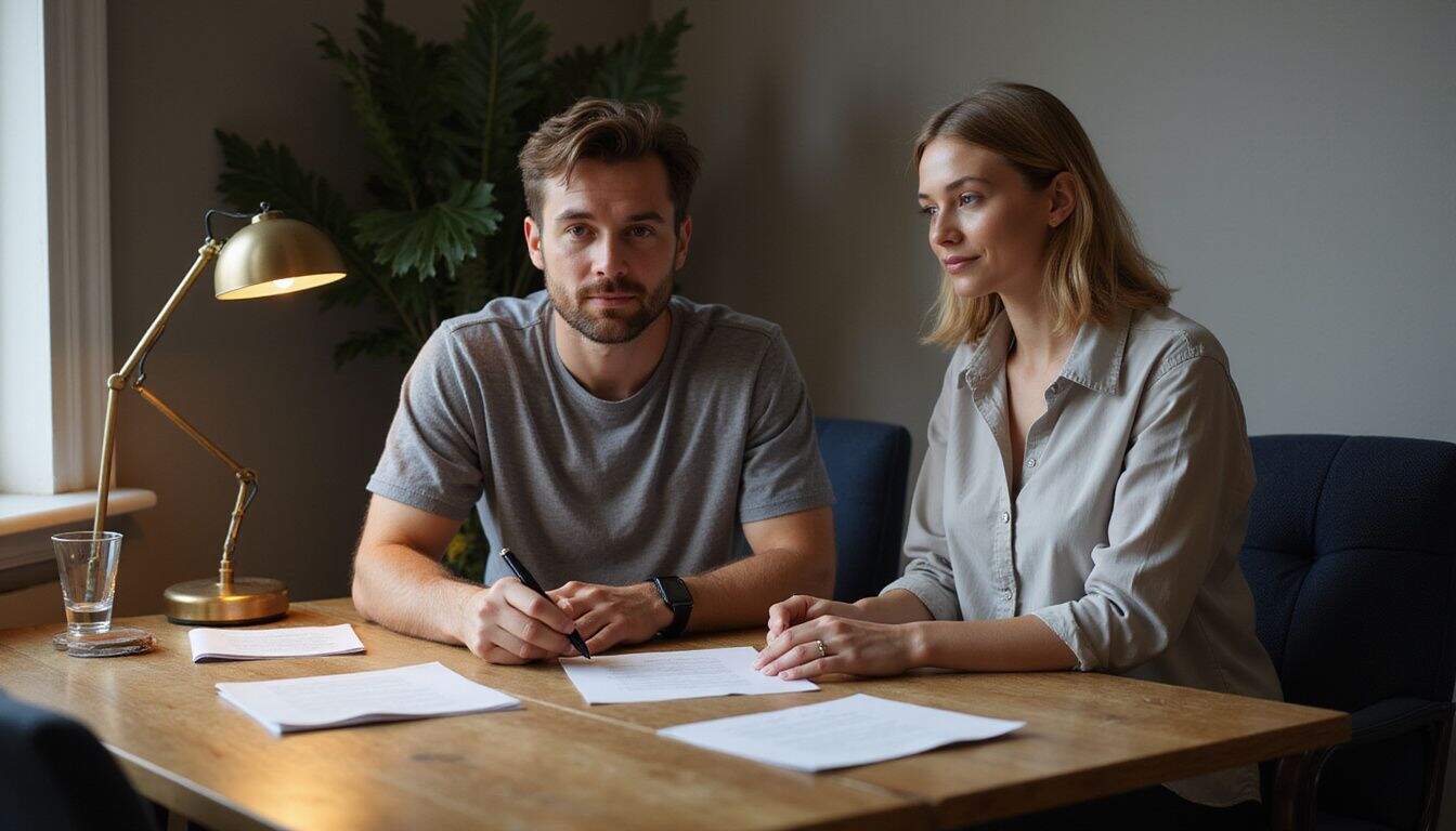 A man signs a contract at a desk while a supportive woman observes attentively. A man signs a contract at a desk while a supportive woman observes attentively.