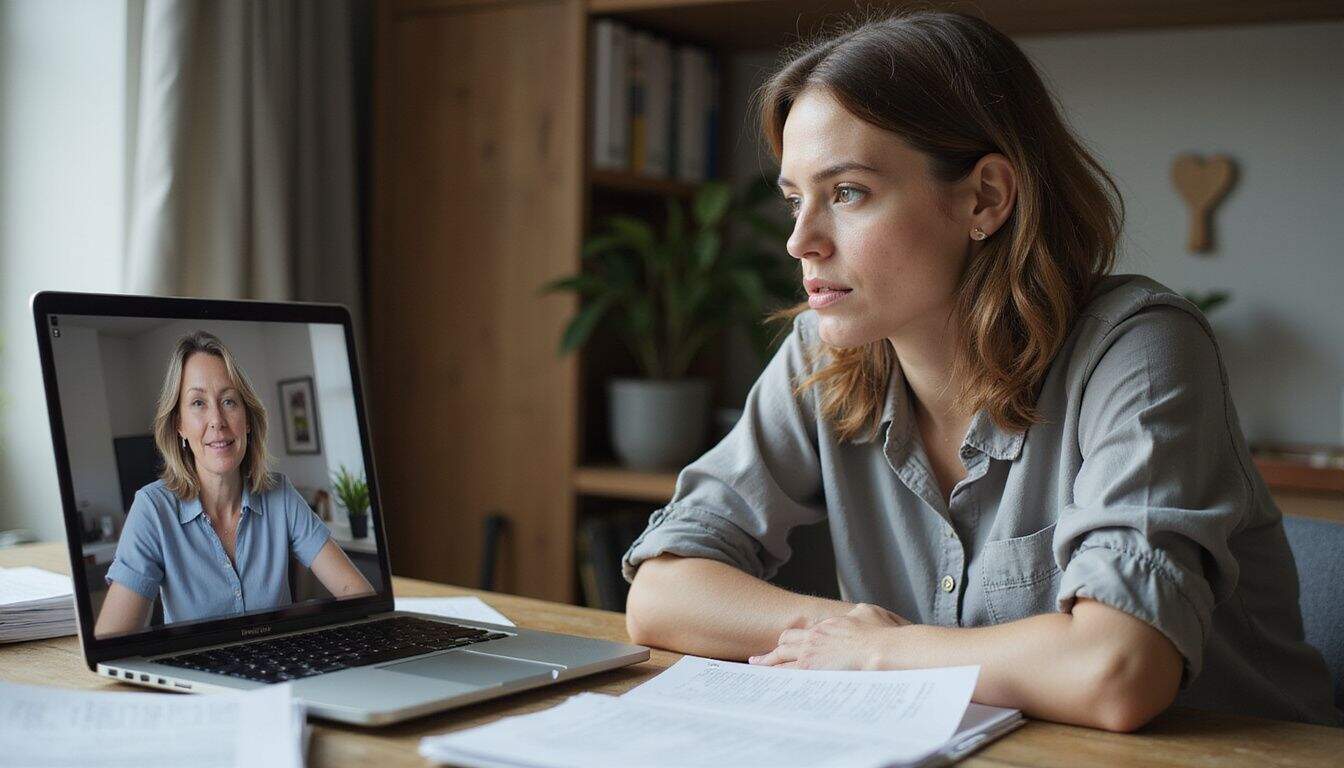 A focused woman engages in a video call at her desk, collaborating with another woman in a warm, inviting setting. A focused woman engages in a video call at her desk, collaborating with another woman in a warm, inviting setting.