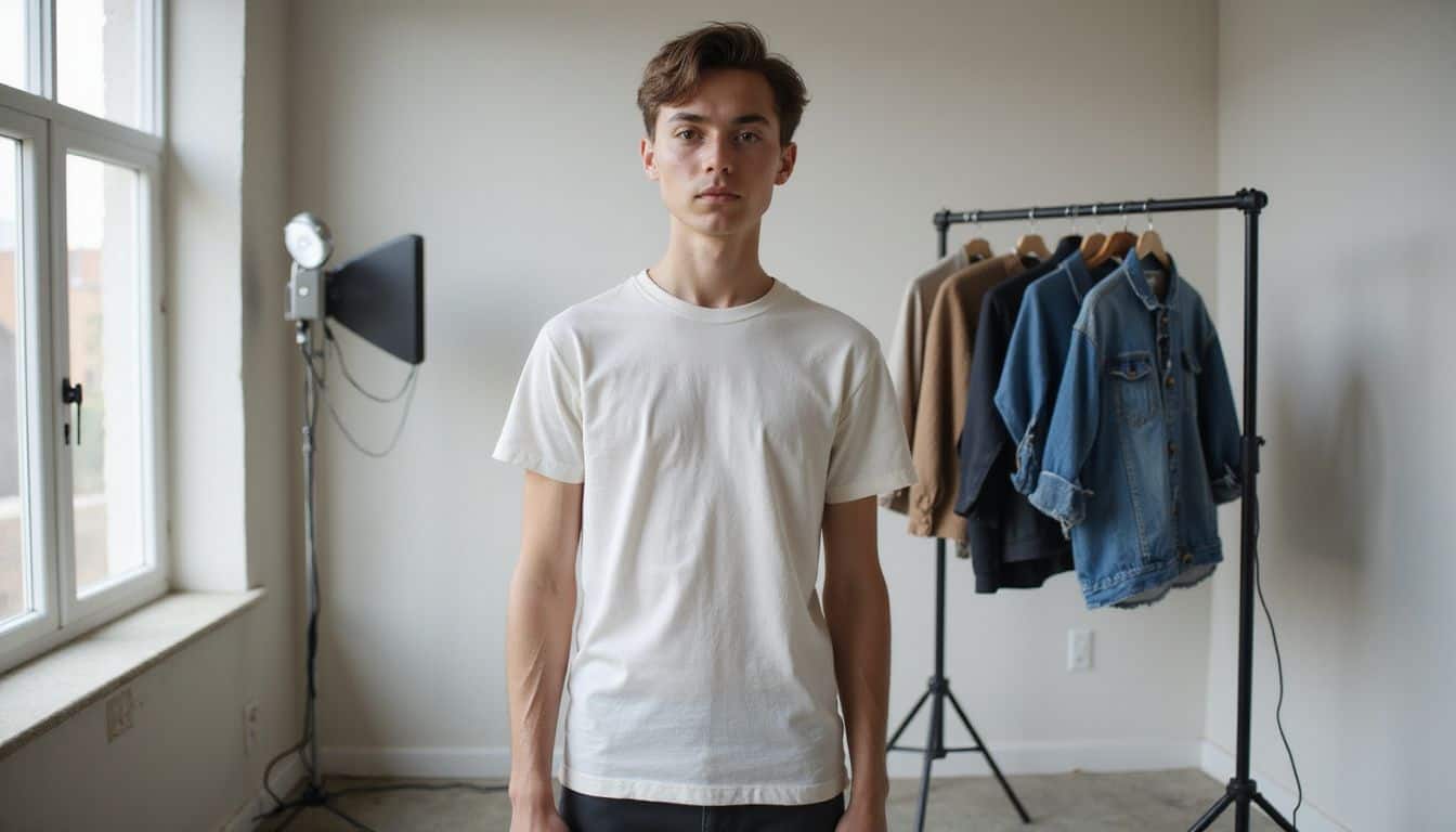 A young individual stands poised in a minimalist studio, dressed casually, with a relaxed expression, preparing for a modeling session. A young individual stands poised in a minimalist studio, dressed casually, with a relaxed expression, preparing for a modeling session.