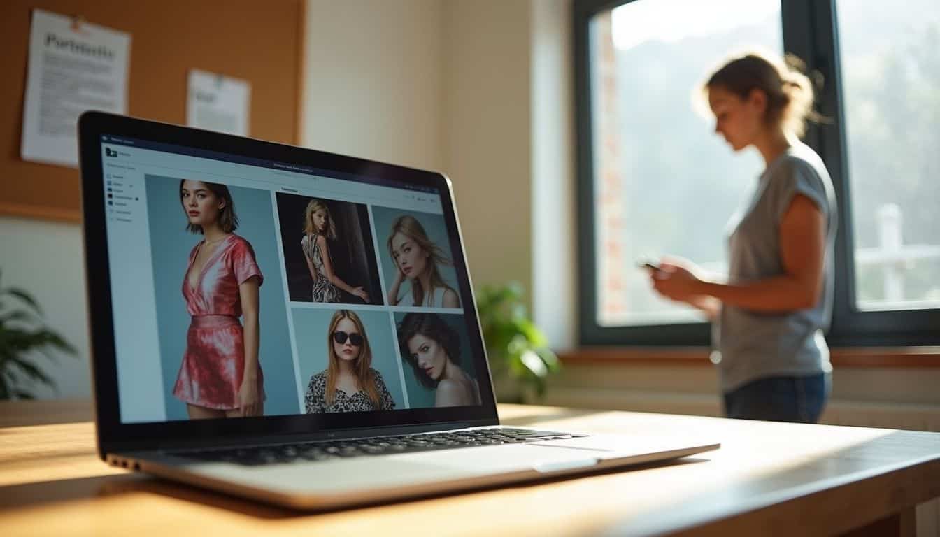 A sleek laptop displays a vibrant digital portfolio on a tidy desk, with a flyer for an online casting call pinned nearby. A sleek laptop displays a vibrant digital portfolio on a tidy desk, with a flyer for an online casting call pinned nearby.