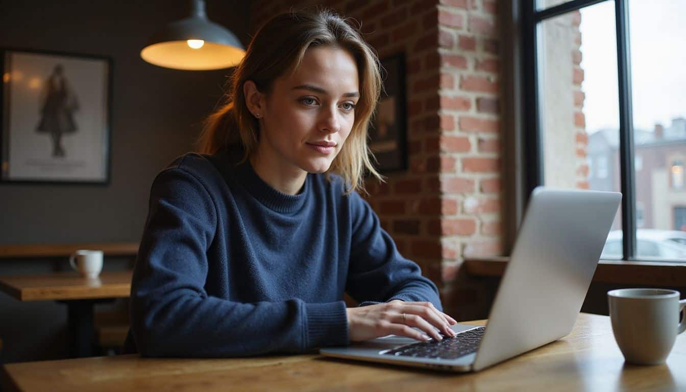 A woman in a cozy coffee shop reviews model portfolios on her laptop, exuding focus and professionalism. A woman in a cozy coffee shop reviews model portfolios on her laptop, exuding focus and professionalism.