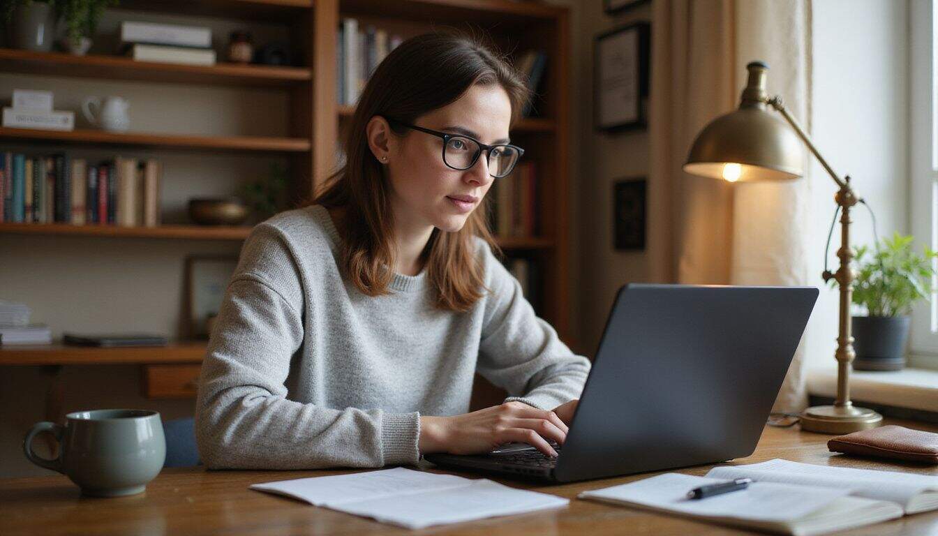 A woman in a cozy home office focuses on her laptop, surrounded by papers, a mug, and books. A woman in a cozy home office focuses on her laptop, surrounded by papers, a mug, and books.