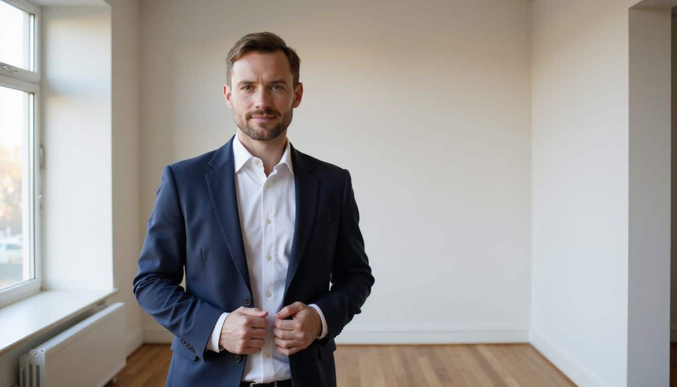 A poised Caucasian man in a navy blazer and white shirt stands confidently against a minimalist backdrop. A poised Caucasian man in a navy blazer and white shirt stands confidently against a minimalist backdrop.