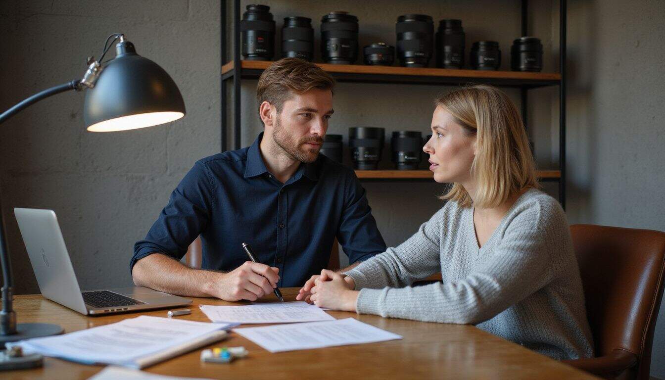 A man and woman engage in a focused discussion at a cluttered desk, surrounded by work-related materials. A man and woman engage in a focused discussion at a cluttered desk, surrounded by work-related materials.